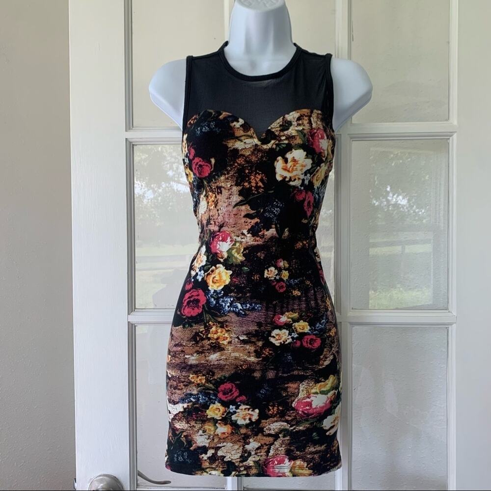 Motel Rocks vintage Y2K floral collage & black mesh mini bodycon dress S